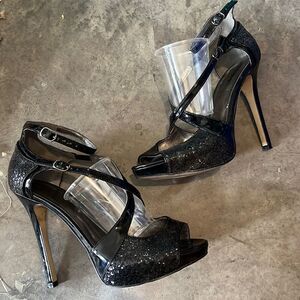 Size 8 Black Sparkly Guess Peep Toe Platform Stilettos